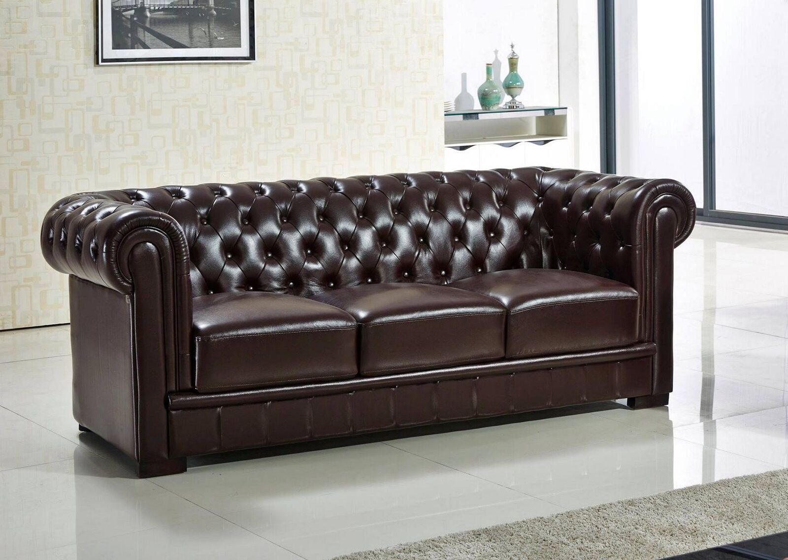 Polster Braun Teile, Sofort, Sofa Dreisitzer 1 Leder 3er 100% Europa in Design Couch JVmoebel Made Chesterfield-Sofa