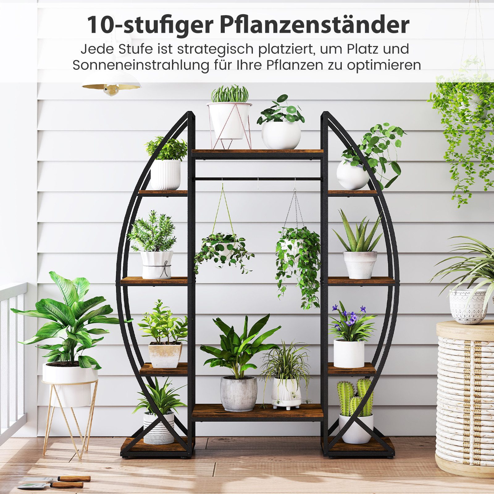 COSTWAY Blumenständer, 10-stöckiger Pflanzenständer mit Licht, Metall