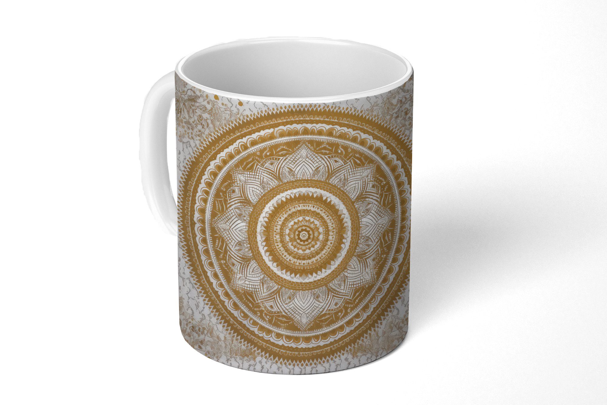 MuchoWow Tasse Mandala - Blumen - Gold - Weiß - Design, Keramik, Kaffeetassen, Teetasse, Becher, Teetasse, Geschenk