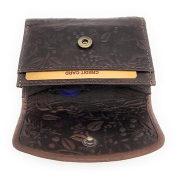 Hill Burry Mini Geldbörse echt Leder Damen Portemonnaie mit RFID Schutz, florale Prägung, kleine Damen Wende-Börse, dunkelbraun
