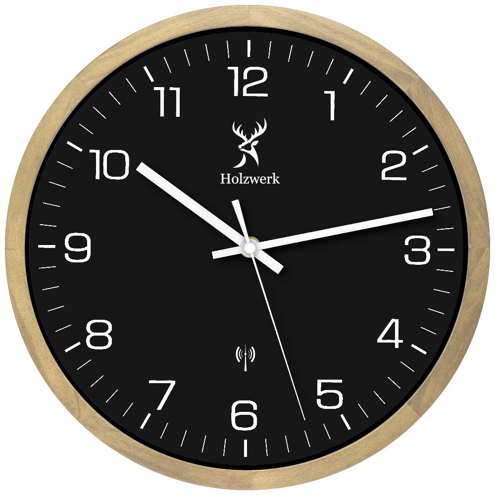 Holzwerk Funkwanduhr Designer Holz Funk Wand Uhr, schwarz, grau, beige (Nahezu lautloses Uhrwerk, analog, 30 cm)