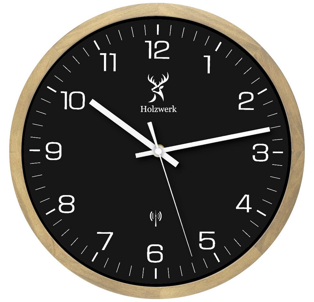 Holzwerk Funkwanduhr Designer Holz Funk Wand Uhr (Nahezu lautloses Uhrwerk, analog, 30 cm)