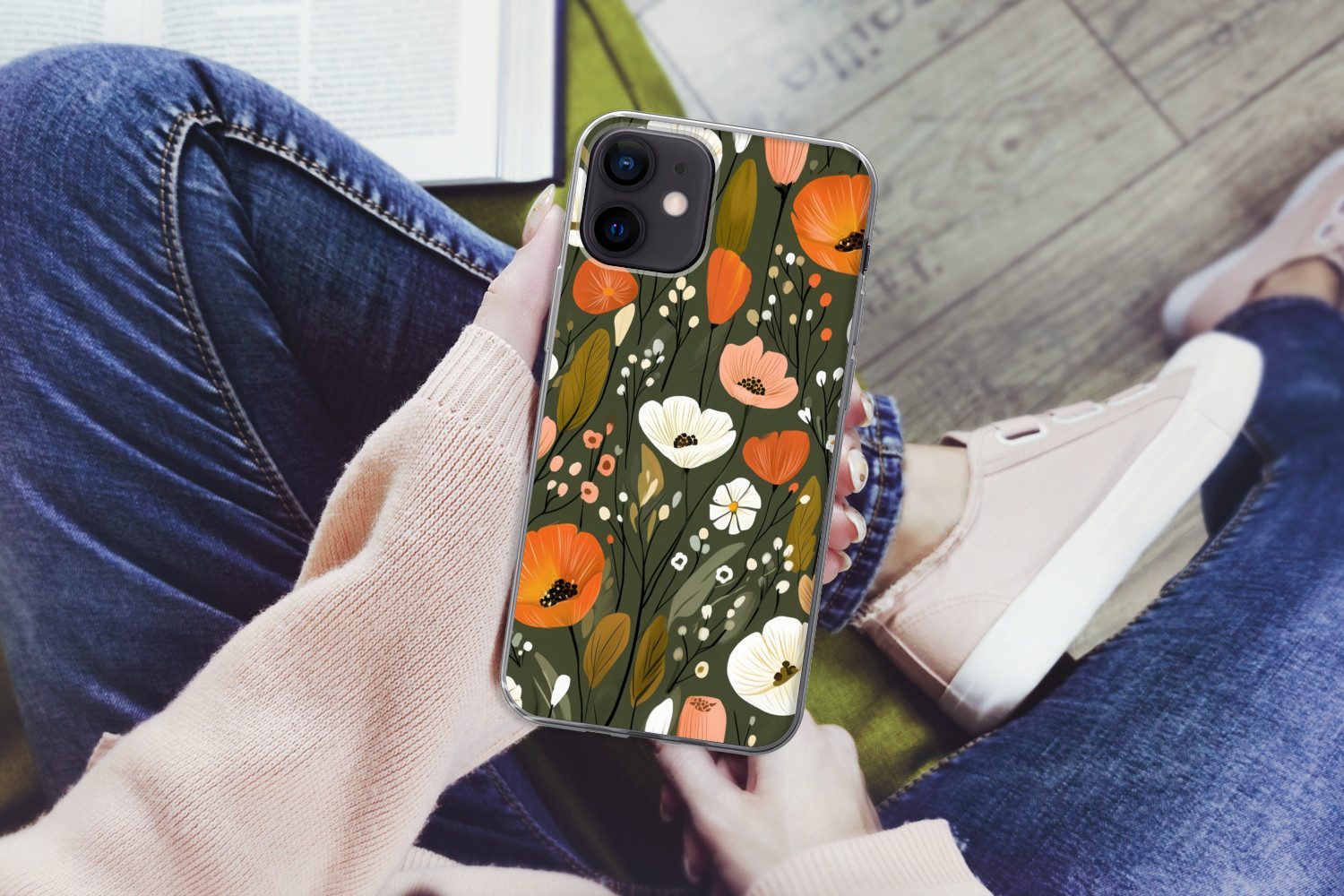 MuchoWow Handyhülle für Apple iPhone 12 Blumen - Illustration - Grün, Smartphone-Bumper, Print, Handy Schutzhülle Dünn