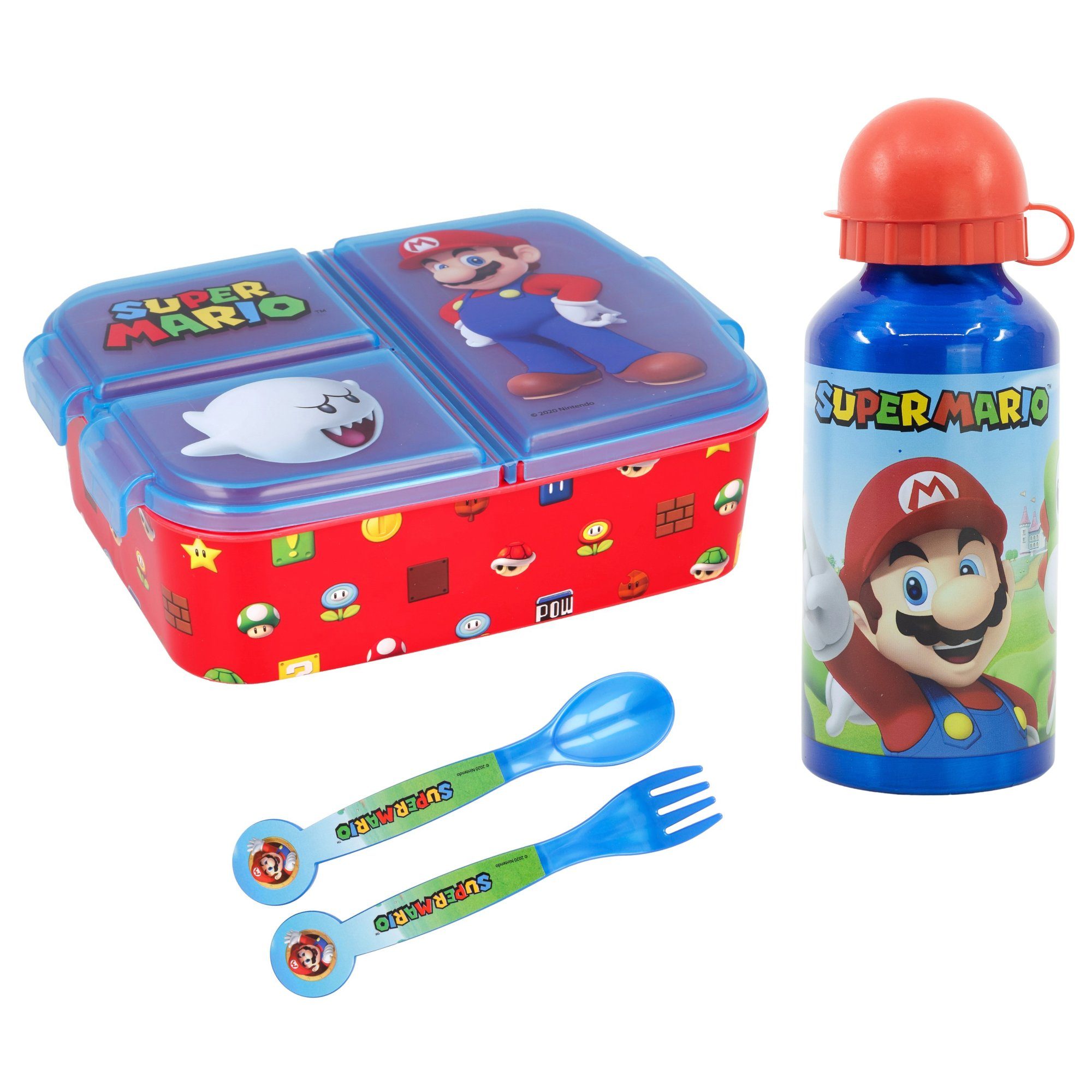 Super Mario Lunchbox Super Mario Luigi Kinder 4 teiliges Set, Kunststoff, (4-tlg), Brotdose - Gabel Löffel Alu-Trinkflasche