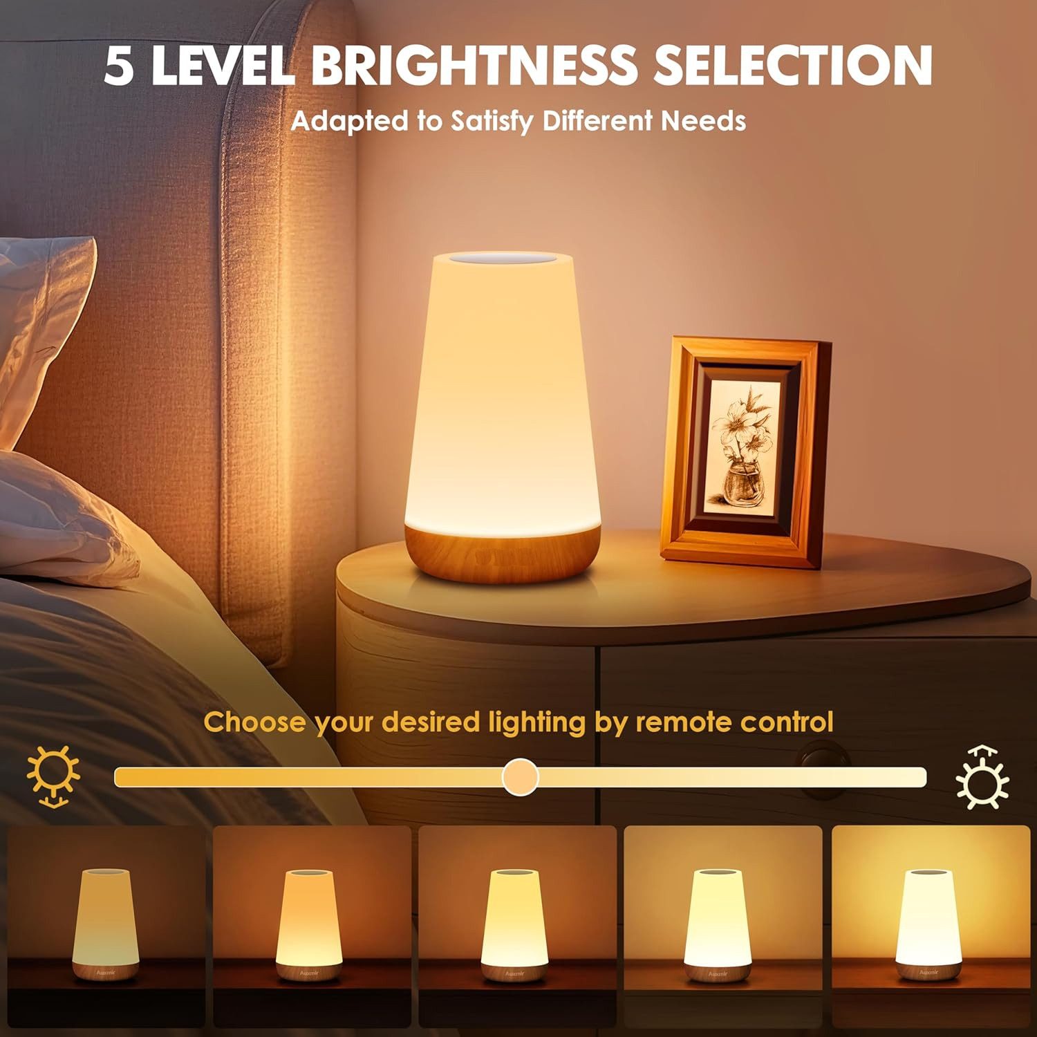 TUWENA LED Nachttischlampe Nachtlicht Touch Dimmbar Tischlampe USB Aufladbar mit Fernbedienung, Hellbraun mit Timing Funktion 13 Farben und 4 Modi