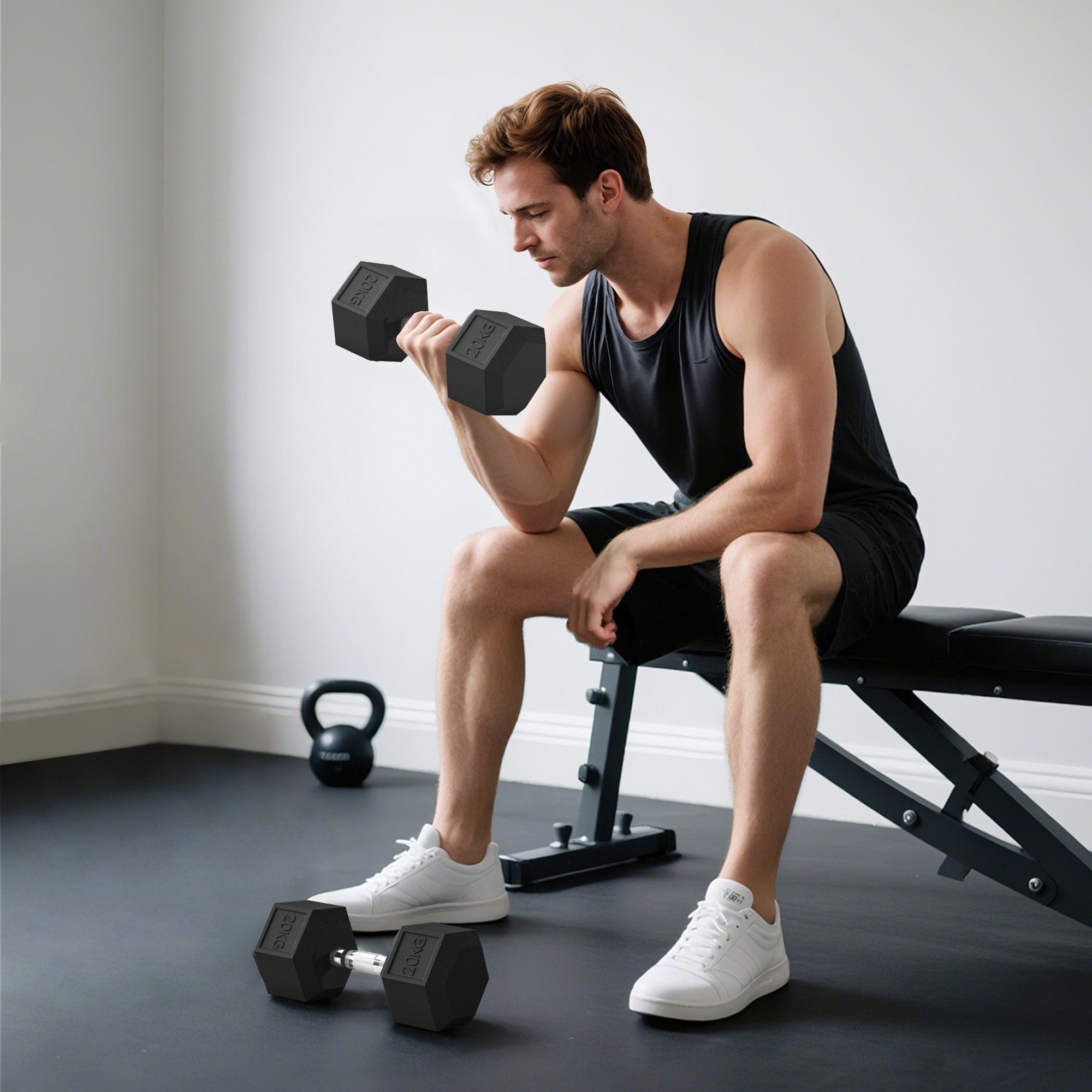 HOMCOM Hantel-Set Hexagon Hanteln, 2er Set Hanteln mit gerändeltem Griff, 2 x 20 kg, (Kurzhantel aus Gusseisen, Kurzhanteln für Männer und Fraue), für Zuhause, Fitnessstudio, Krafttraining