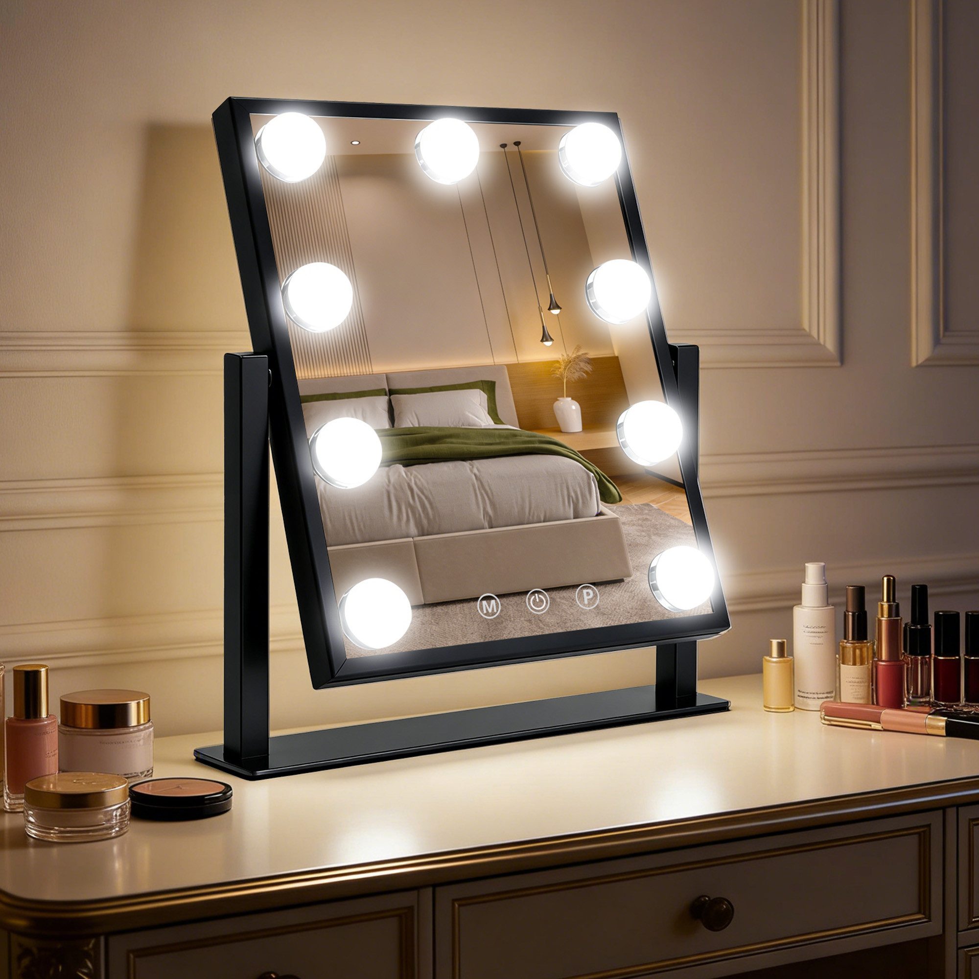 skelo Schminkspiegel mit Beleuchtung Hollywood Spiegel 33,5 x 30,5 cm, 9 LED Lampen (1-St., USB-betrieben (kein Akku enthalten), 360° Drehbar Kosmetikspiegel mit 3 Lichtfarben, Touch-Steuerung