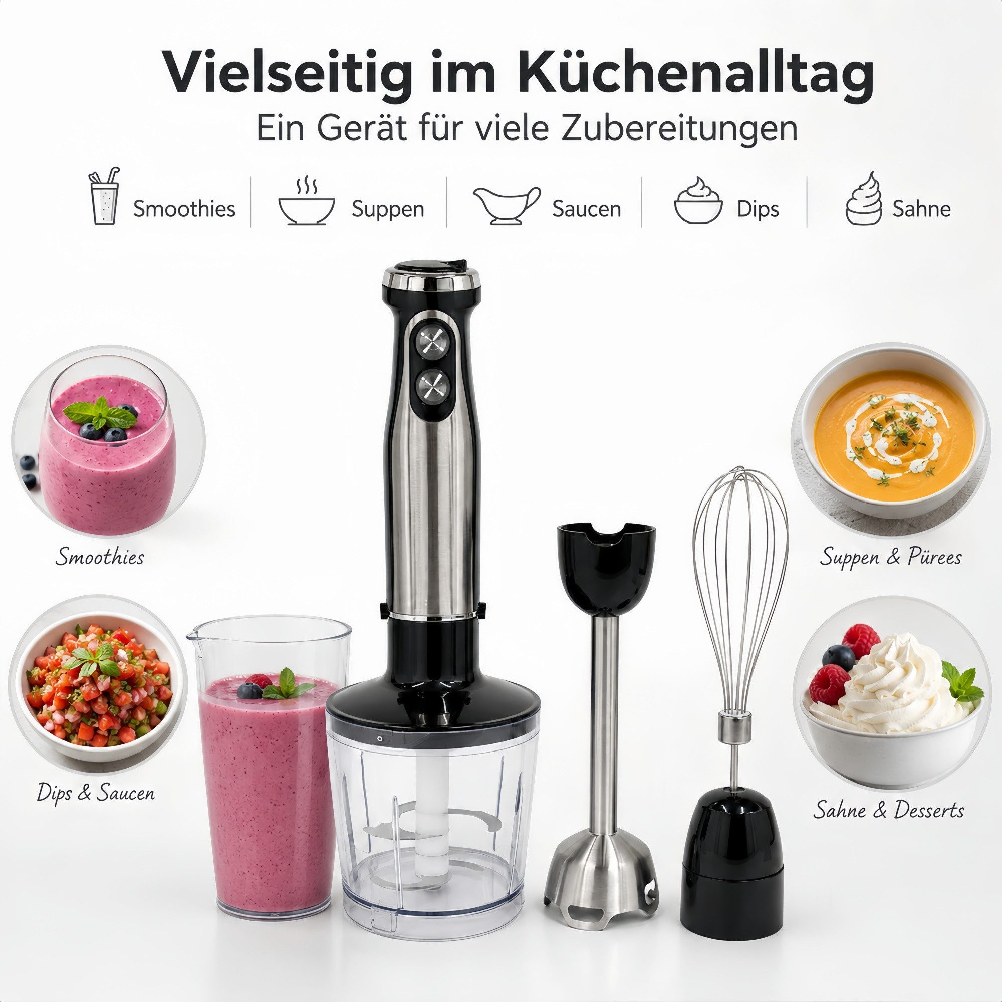 ibettertec Stabmixer 5-in-1 mixer Set,Edelstahl Pürierstab mit stufenloser Geschwindigkeit, 1500 W, Handmixer,Zerkleinerer, Schneebesen, Milchaufschäumer und Me – Bild 4 von 5