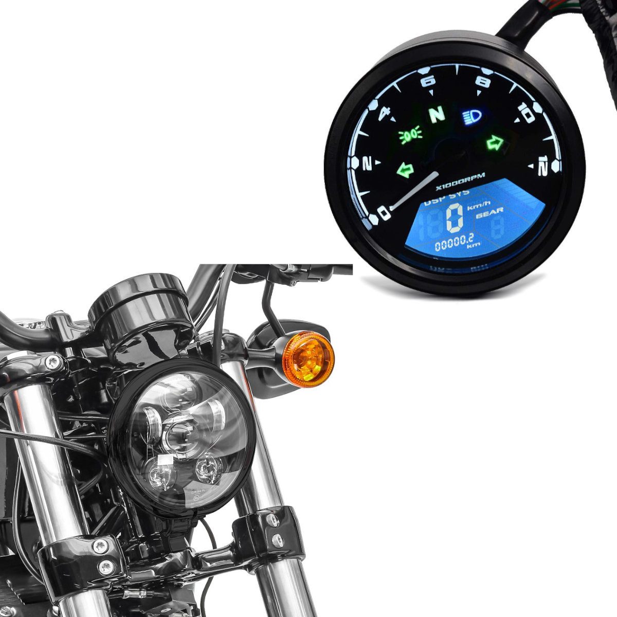 Zaddox Motor-Schutzhülle Set: Tachometer LCD Digital Drehzahlmesser Analog TM1 + LED Scheinwerf