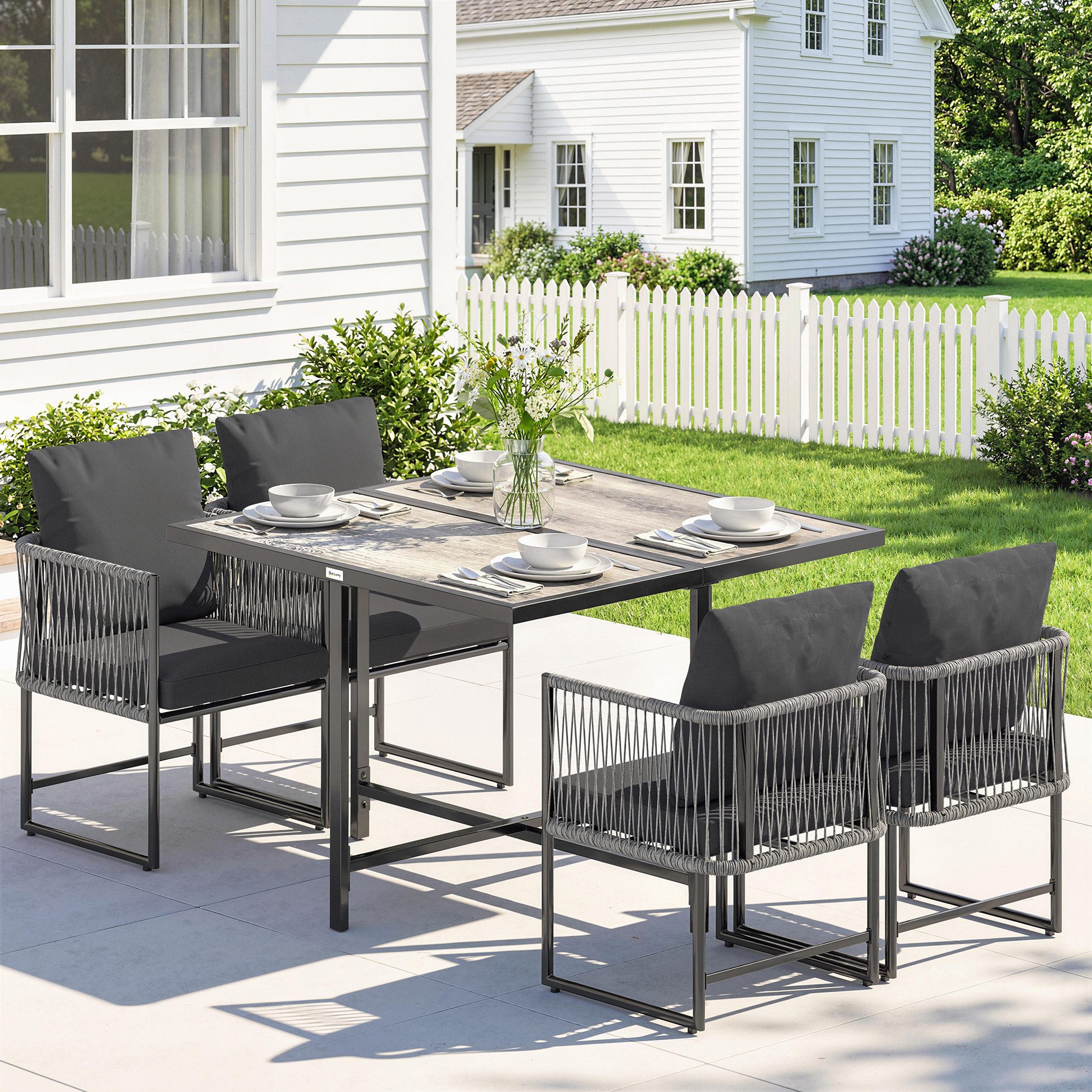Outsunny Garten-Essgruppe Polyrattan Sitzgruppe Platzsparend Tisch mit 4 Stühlen, (Gartenset, 5-tlg., Gartenmöbel Set), für Garten Balkon Terrasse