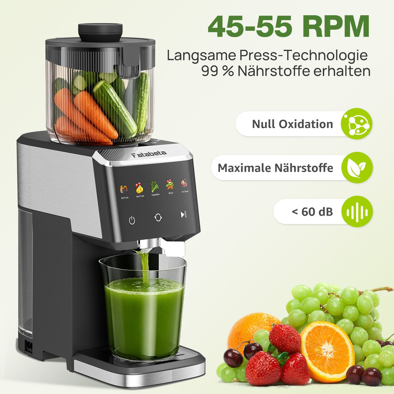 FATABETA Slow Juicer Entsafter 135MM großer Öffnung, Für ganze Früchte und Gemüse, 150 W, BPA-Frei, Hohe Saftausbeute, Erhalt der Nährstoffe mit 2 Bechern – Bild 5 von 5