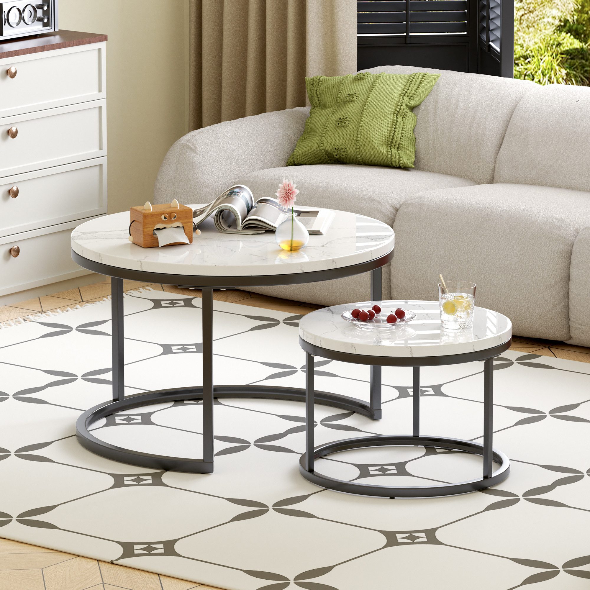 MODFU Couchtisch Set 2-tlg 70x45 / 45x35 cm Marmoroptik schwarz Stahl (Packung, 2-St., Stahlrohrrahmen 100 kg Tragkraft, rutschfest, kratzfeste Oberfläche), Minimalistisches Nesting-Design, flexibel als Couch- und Beistelltisch