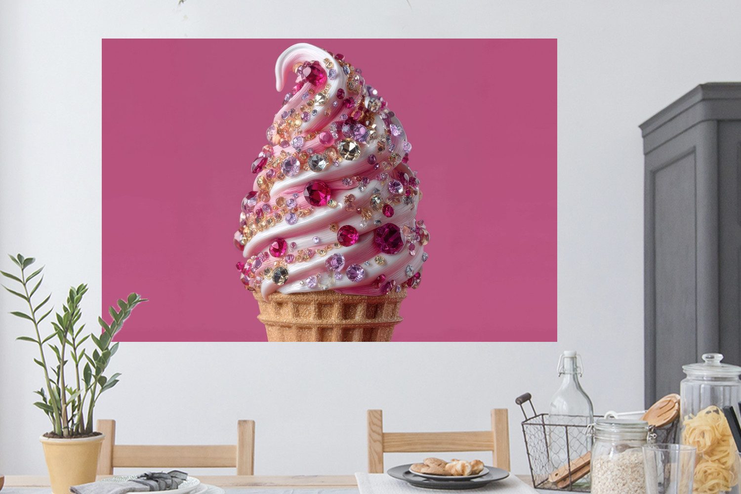 MuchoWow Wandsticker Softeis - Edelsteine - Rosa - Waffel (1 St), Wanddeko, Aufkleber, Wandtattoo, 120x80 cm