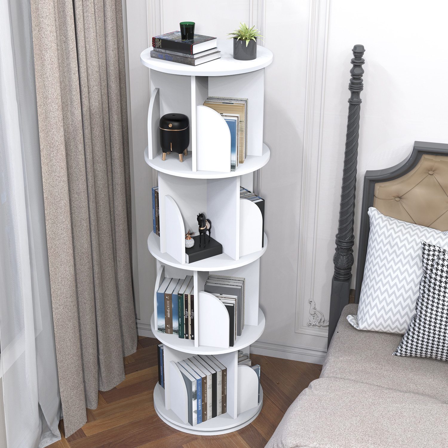 oyajia Bücherregal Drehbare Bücherregal, 4 Etagen Stehregale Lagerregal mit Fächern, Bücherregal, offenes Aufbewahrungsregal, 40 x 40 x 128 cm, drehbar, 4 Ebenen 16 Fächer