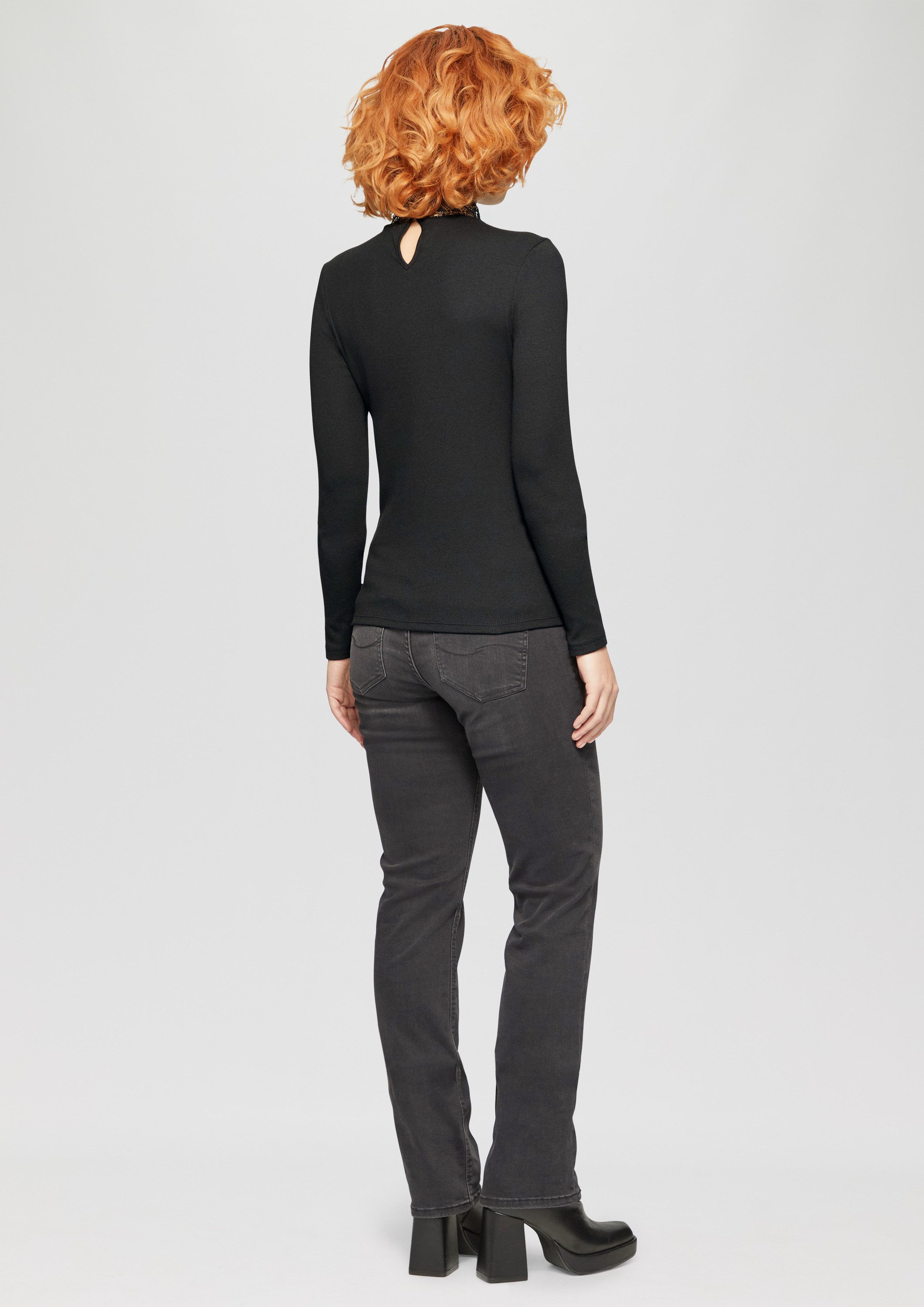 QS Langarmshirt T-Shirt Rippshirt mit Spitzeneinsatz und Stehkragen