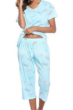 B.X Pyjama Damen gestrickter Baumwolle mit kurzen Ärmeln und kurzen Hosen Pyjama Großes lockeres lässiges Pyjama-Set mit Rundhalsausschnitt zweiteilig
