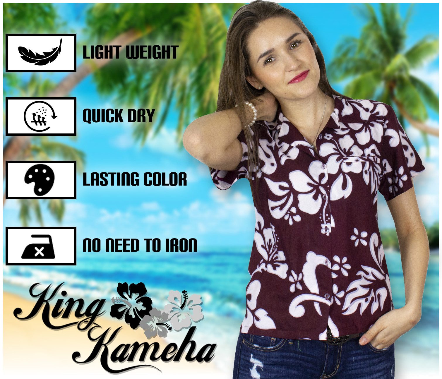 King Kameha Hawaiihemd Hibiscus Funky Hawaiibluse Damen Kurzarm Front-Tasche Stylish