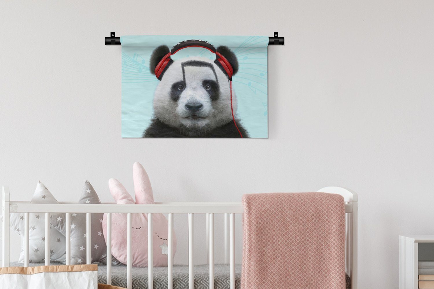 Tier Schlafzimmer, Wandbehang, Musiknoten Wanddeko Panda Wanddekoobjekt Wohnzimmer, für - - MuchoWow Kleid, - Kopfhörer Rot, - Kinderzimmer