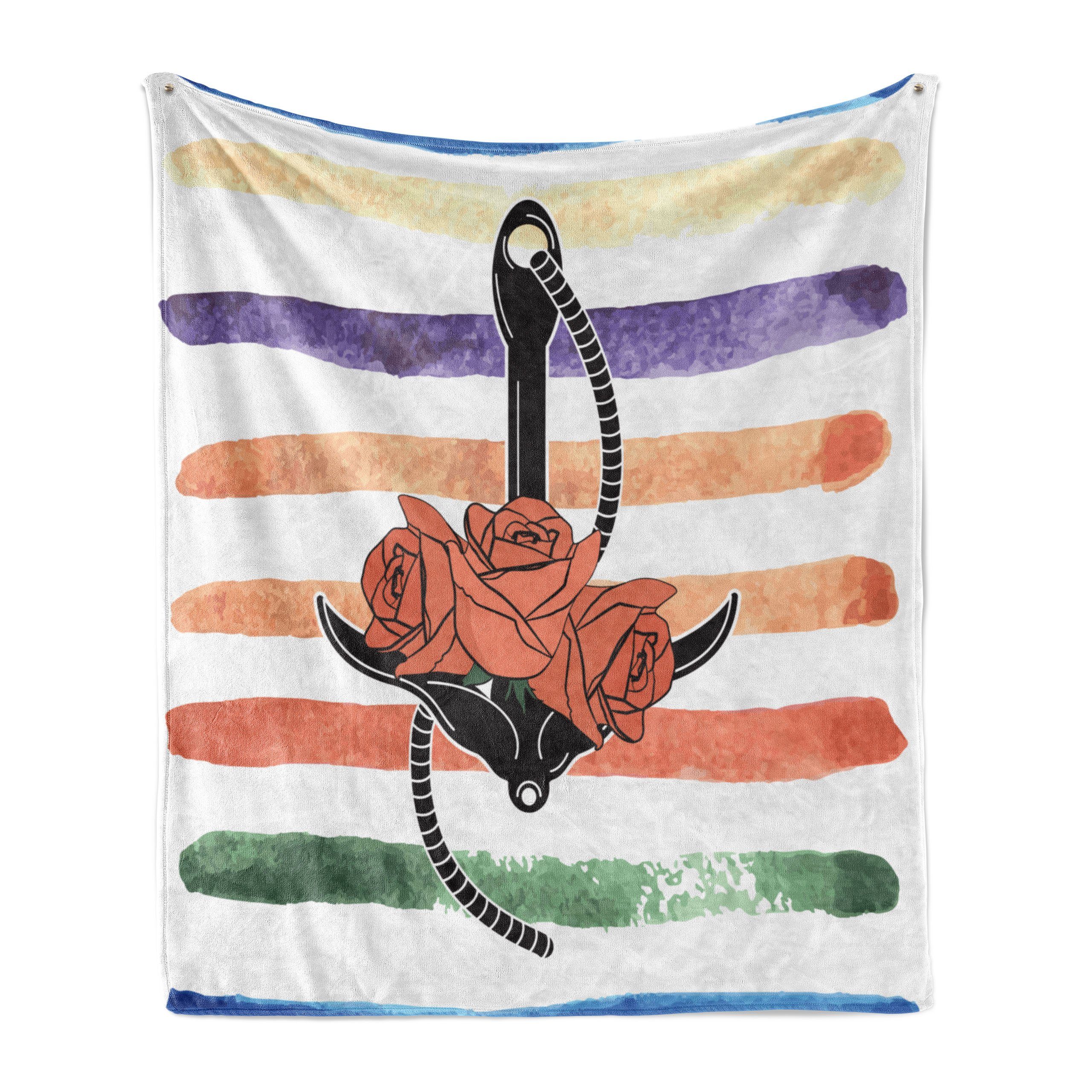 und Rosen-Blumen-Anchor den Vintage Nautical Wohndecke für Gemütlicher Abakuhaus, Innen- Tattoo Plüsch Außenbereich,