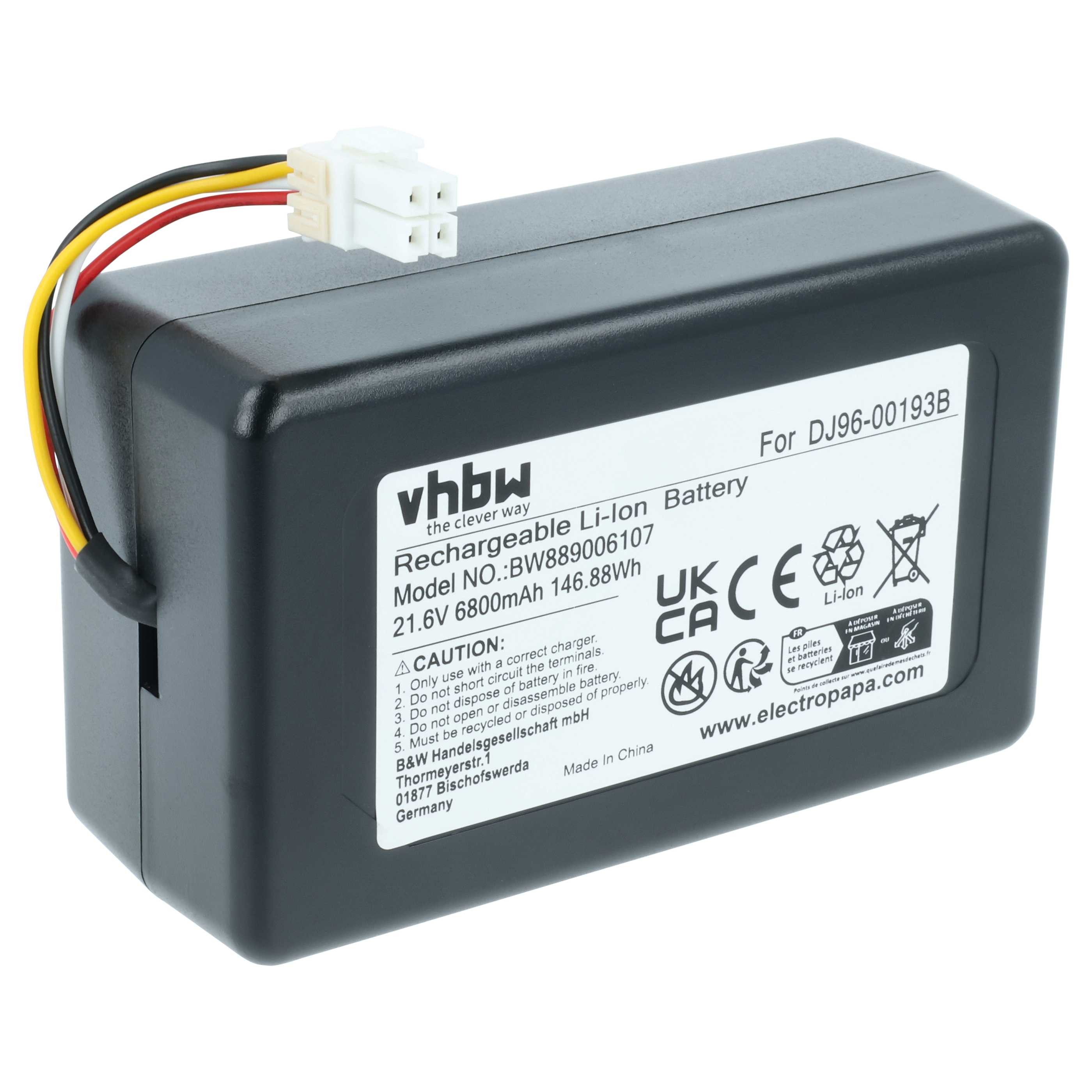 vhbw Akku passend für Samsung Powerbot VR1AM7040W9/AA, VR1AM7010UW/AA, Staubsauger-Akku Akku Li-Ion 6800 mAh (21,6 V, 1 St), Leistungsfähiger Austausch-Akku für Ihren Saugroboter