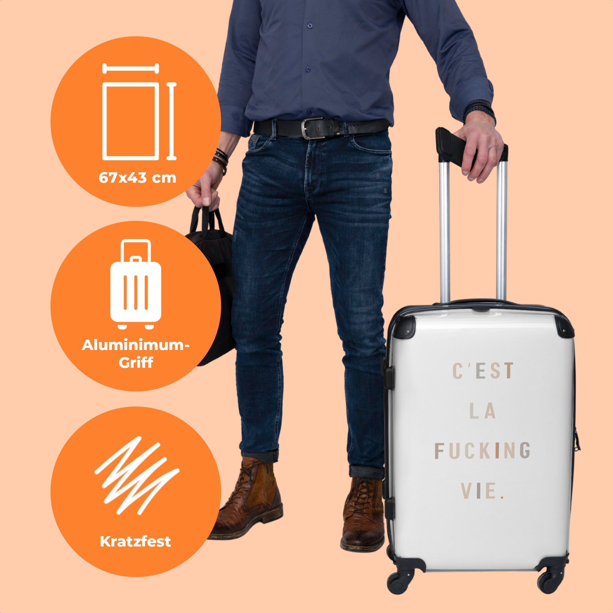 NoBoringSuitcases.com© Koffer mit Abstrakt Rollkoffer Rollen, - Rollen - Text 4 Humor, Weiß - - Leben Aufgabegepäck 67x43x25cm - Trolley 4 Reisekoffer Große