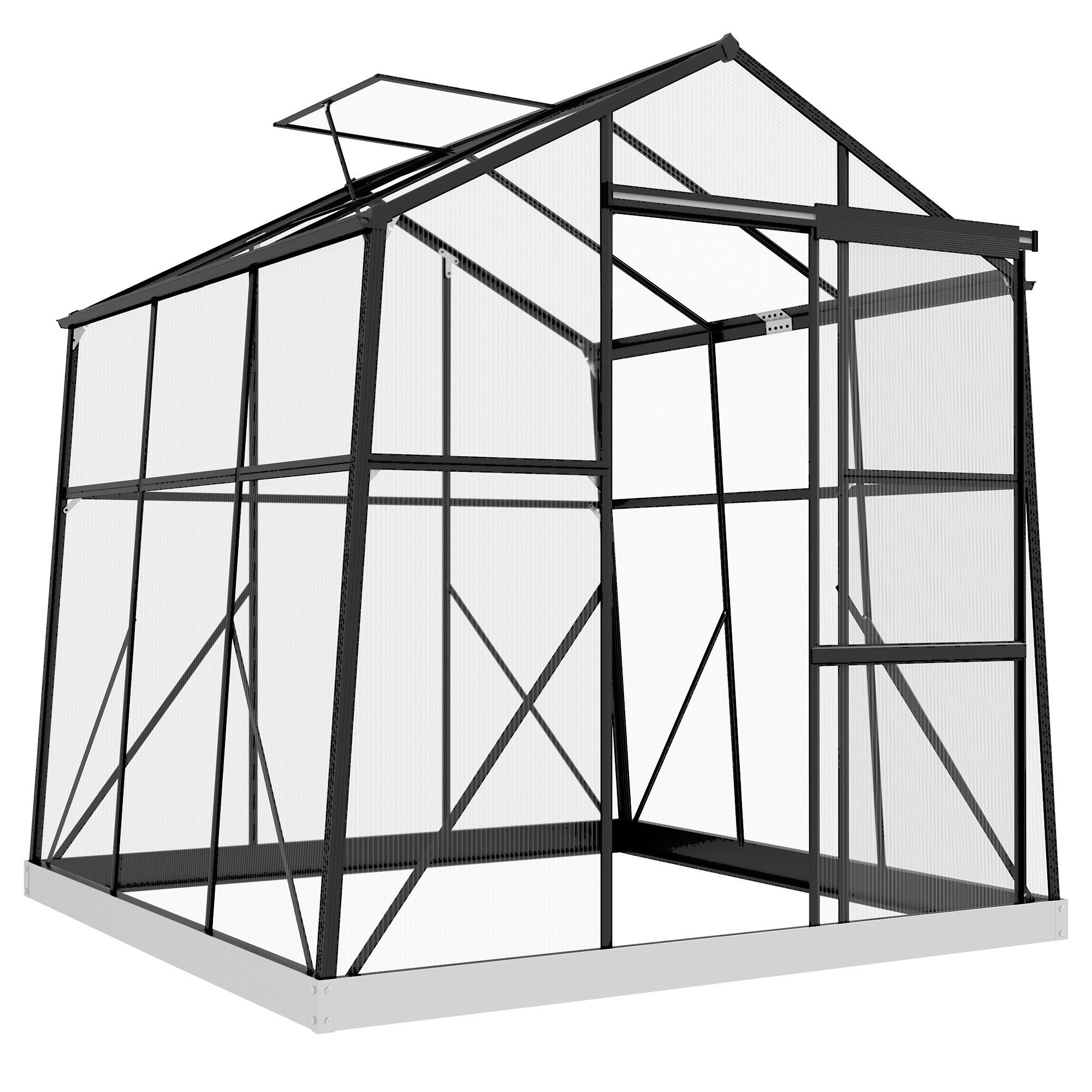 Outsunny Gewächshaus Aluminium 3,68 m² Treibhaus mit Fenster, Schiebetür, Fundament, BxTxH: 192 x 192 x 204 cm, BxLxH: 192 x 192 x 204 cm, 4 mm Wandstärke, Aufzucht Pflanzenhaus 4-St., Tomatenhaus, für Garten, Balkon, Schwarz