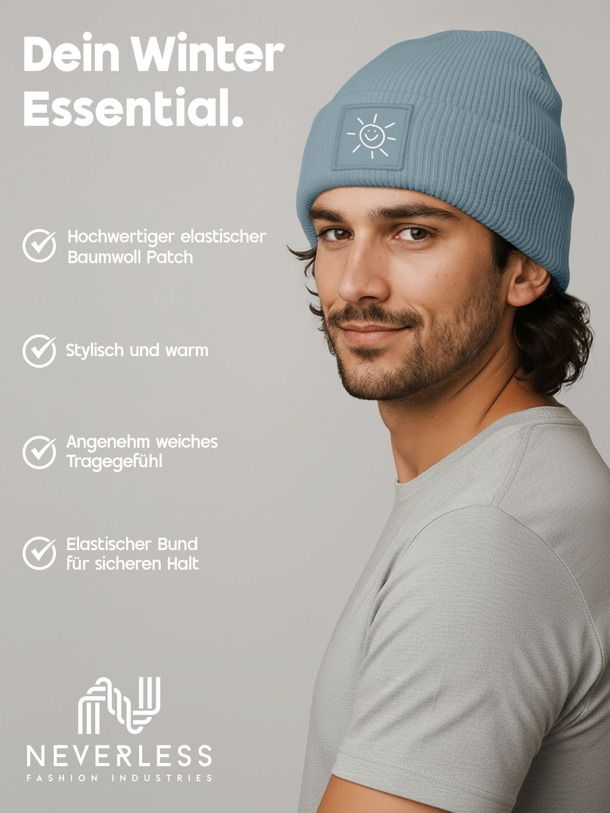 Neverless Strickmütze Herren Mütze Beanie mit Aufdruck Sonne Smile Wintermütze Print