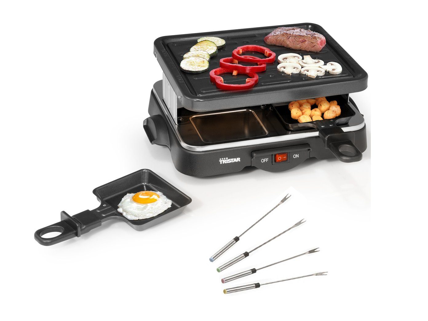 Tristar Раклетници, 4 Раклетнициpfännchen, Kleiner Tischgrill für 2-4 Personen, mini Raclet Gerät & Gabeln