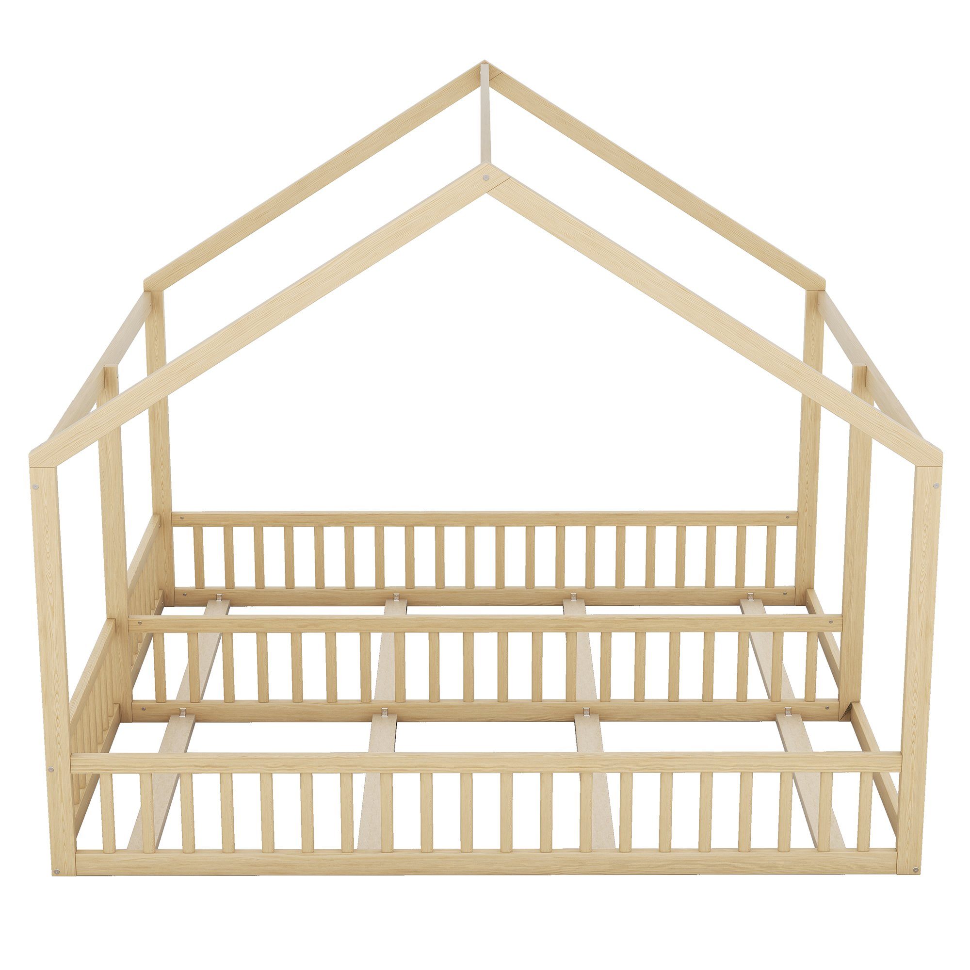 WISHDOR Kinderbett Funktionsbett Holzbett 2-in-1-Betten Betten, (flache Hausmodelle, Natur 2-in-1-Betten), ohne Einzelbetten, Matratze