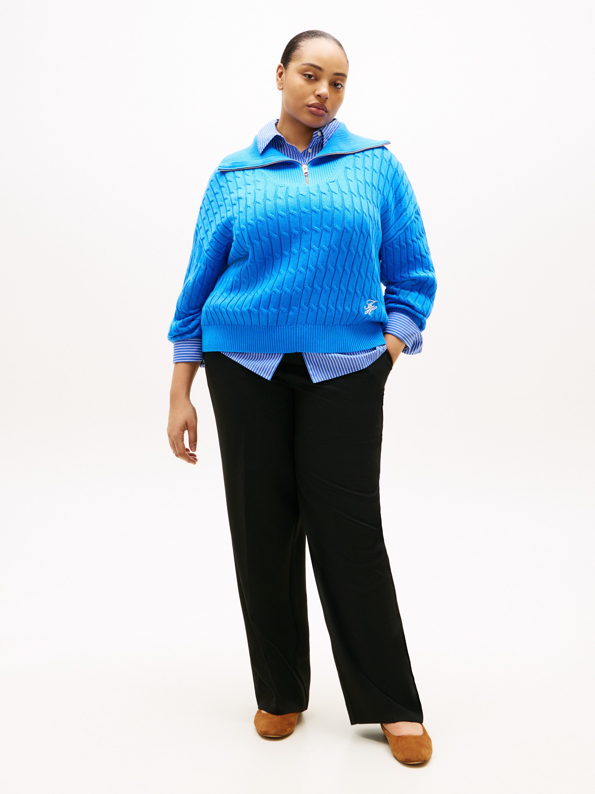 Tommy Hilfiger Curve Troyer CRV CO CABLE MID GG 1/2 ZIP SWT in großen Größen, mit Zopfmuster