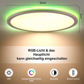 WILGOON LED Deckenleuchte Ultra Dünn LED Deckenlampe, 24W RGB Backlight Deckenlampe Flach Rund, LED fest integriert, warmweiß, neutralweiß, kaltweiß, RGB, Dimmbar mit Fernbedienung, für Schlafzimmer/Wohnzimmer/Badezimmer/Küche