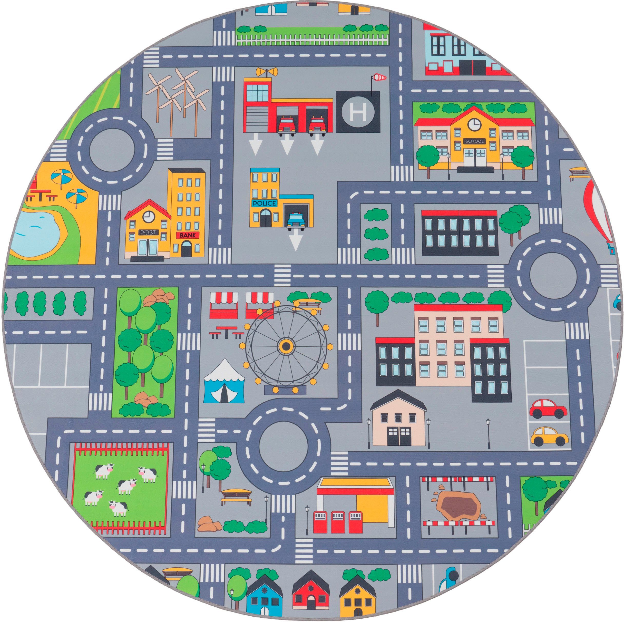 Paco Home Kinderteppich Bino 576, rund, Höhe: 4 mm, Kurzflor, Straßen-Spiel-Teppich, Kinderzimmer