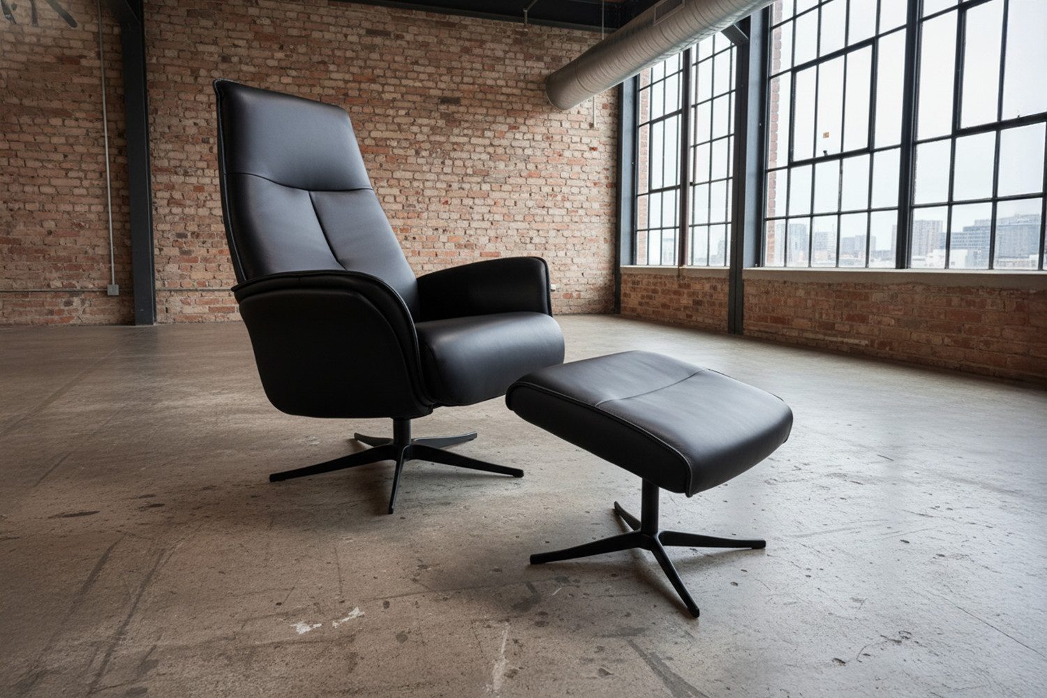 KAWOLA Relaxsessel JOSIANE Leder schwarz Komfort Drehsessel – Bequem, 360° drehbar, Relaxfunktion, Kopfstütze, inklusive Fußhocker