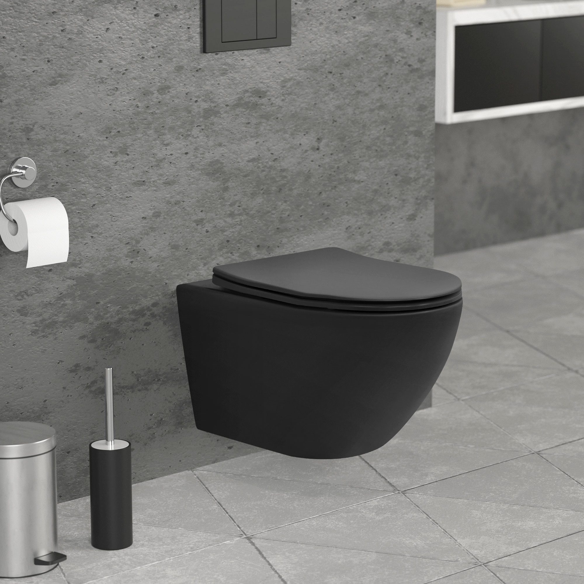 LuxeBath Tiefspül-WC Spülrandloses Hänge WC Keramik mit WC-Sitz abnehmbar Softclose, Wand-WC lang Schwarz matt Toilette Duroplast Tiefspüler