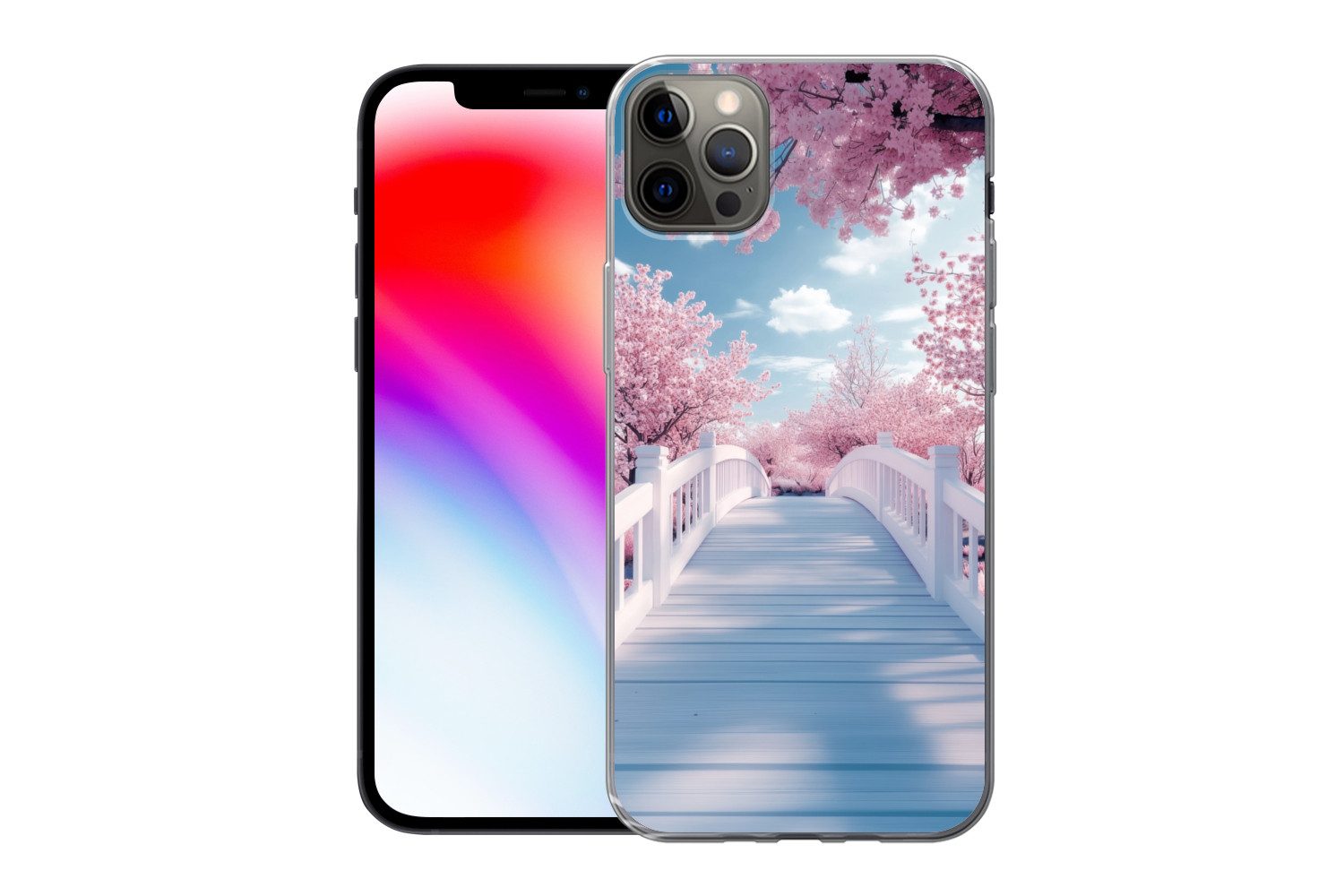 MuchoWow Handyhülle für Apple iPhone 13 Pro Max Brücke - Kirschbäume - Weiß, Smartphone-Bumper, Print, Handy Schutzhülle Dünn