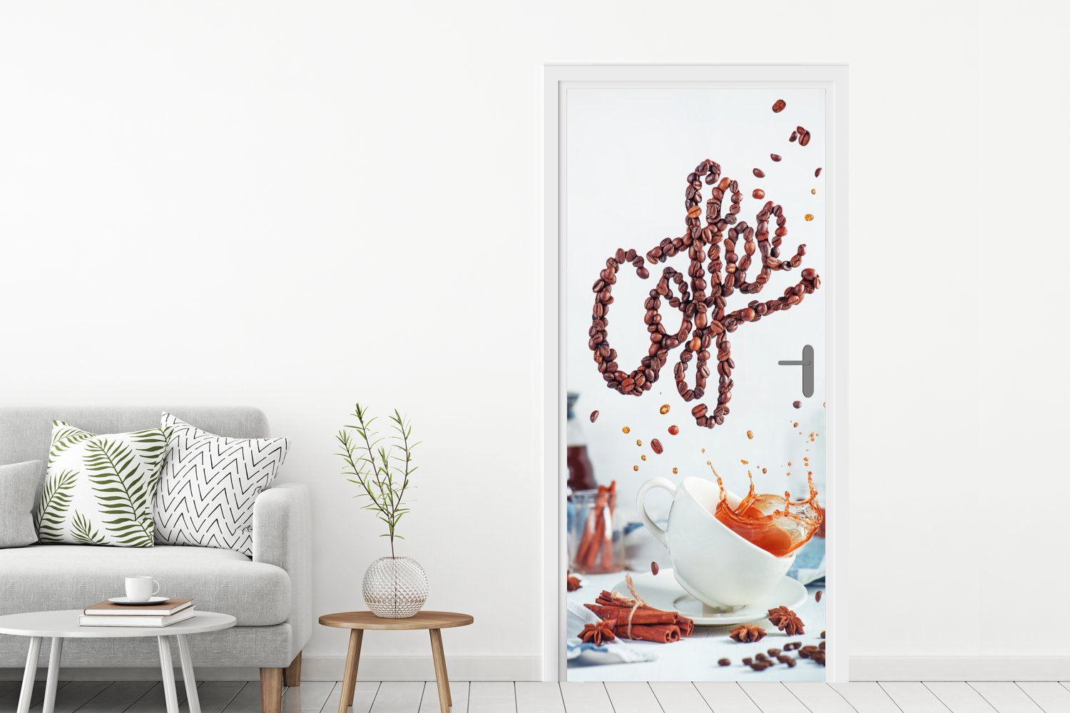 Türaufkleber, mit für Türtapete St), Tür, Stilleben (1 75x205 Matt, cm gekippter Kaffeetasse, bedruckt, Fototapete MuchoWow