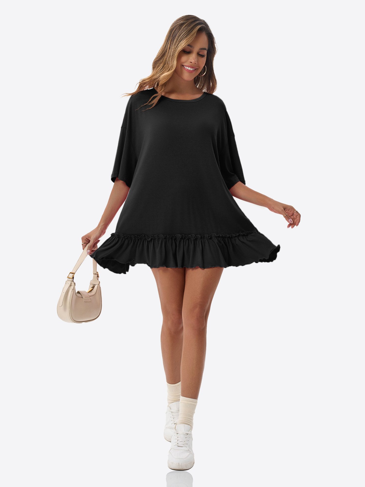 Imily Bela Shirtkleid Damen mit Rüschen Rundhals Oversize Sommer Strand Tunika (Packung, 1-tlg., 1per-Pack) mit Rundhalsausschnitt in Unifarbe
