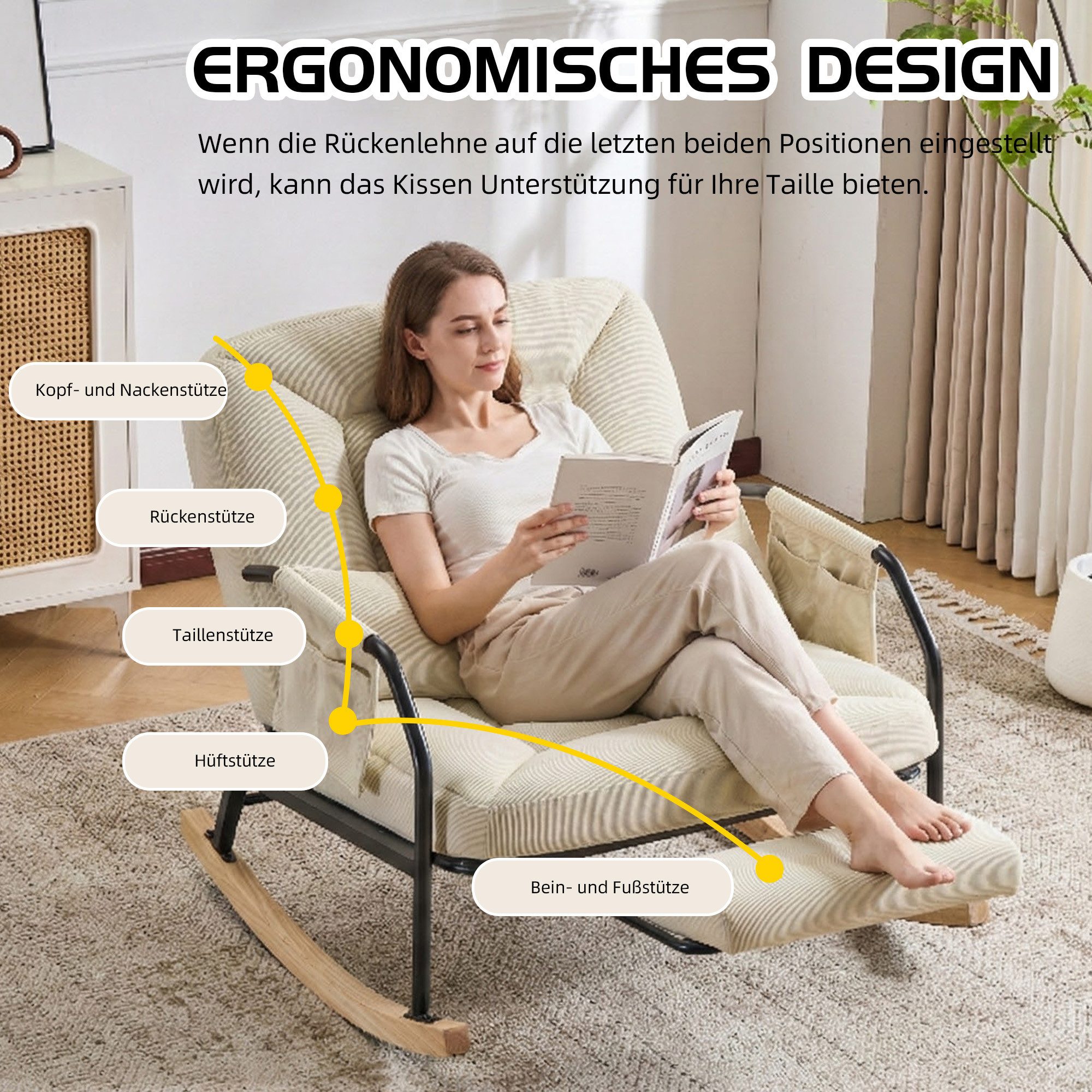 Vankel Schaukelstuhl Wohnzimmer mit Hocker & gepolstertem Kissen Cord, Großer Relax Schaukelstuhl mit Liegefunktion Cord