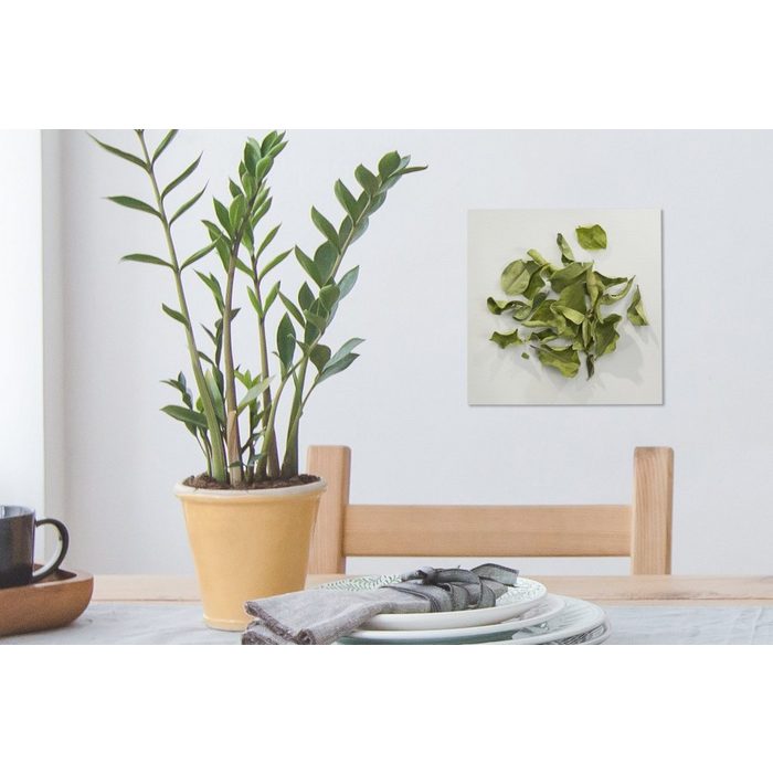 OneMillionCanvasses® Leinwandbild Getrocknete Djeroek-Poeroet-Blätter auf einem Haufen vor einem weißen (1 St) Leinwand Bilder für Wohnzimmer Schlafzimmer AV10557