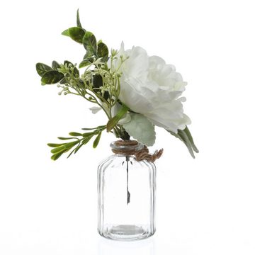Kunstblumenstrauß Pfingstrose und Hortensie in Mini Glasvase Blumenvase Kunstblumen weiß, MARELIDA, Höhe 20 cm