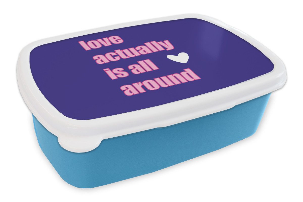 MuchoWow Lunchbox Text - Valentinstag - Liebe - Blau, Kunststoff, (2-tlg), Brotdose, Lunchbox, Brotbox für Kinder und Erwachsene