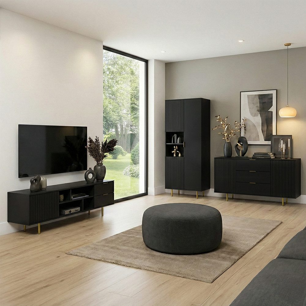 Lomadox Wohnzimmer-Set NADOR-132, (Mega-Spar-Set, 3-St., Lowboard Sideboard Vitrine), matt schwarz, goldfarbenen Metallgriffen und -füßen, Front Rillenoptik