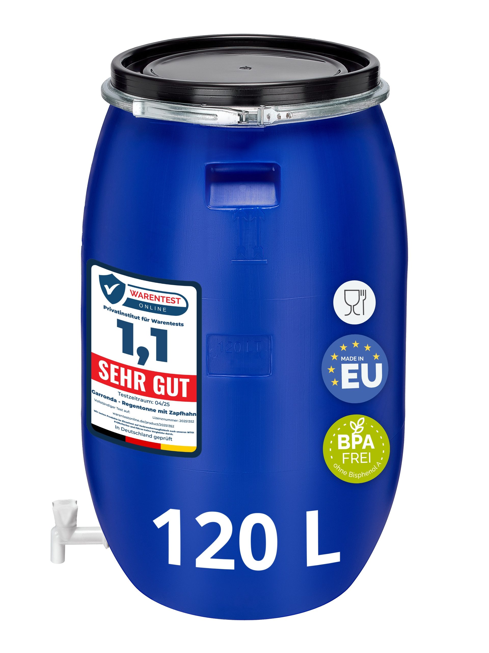 Garronda Regentonne 120L Weithalsfass mit Deckel und Hahn aus HDPE für Haus&Garten GD-0091, 120 l