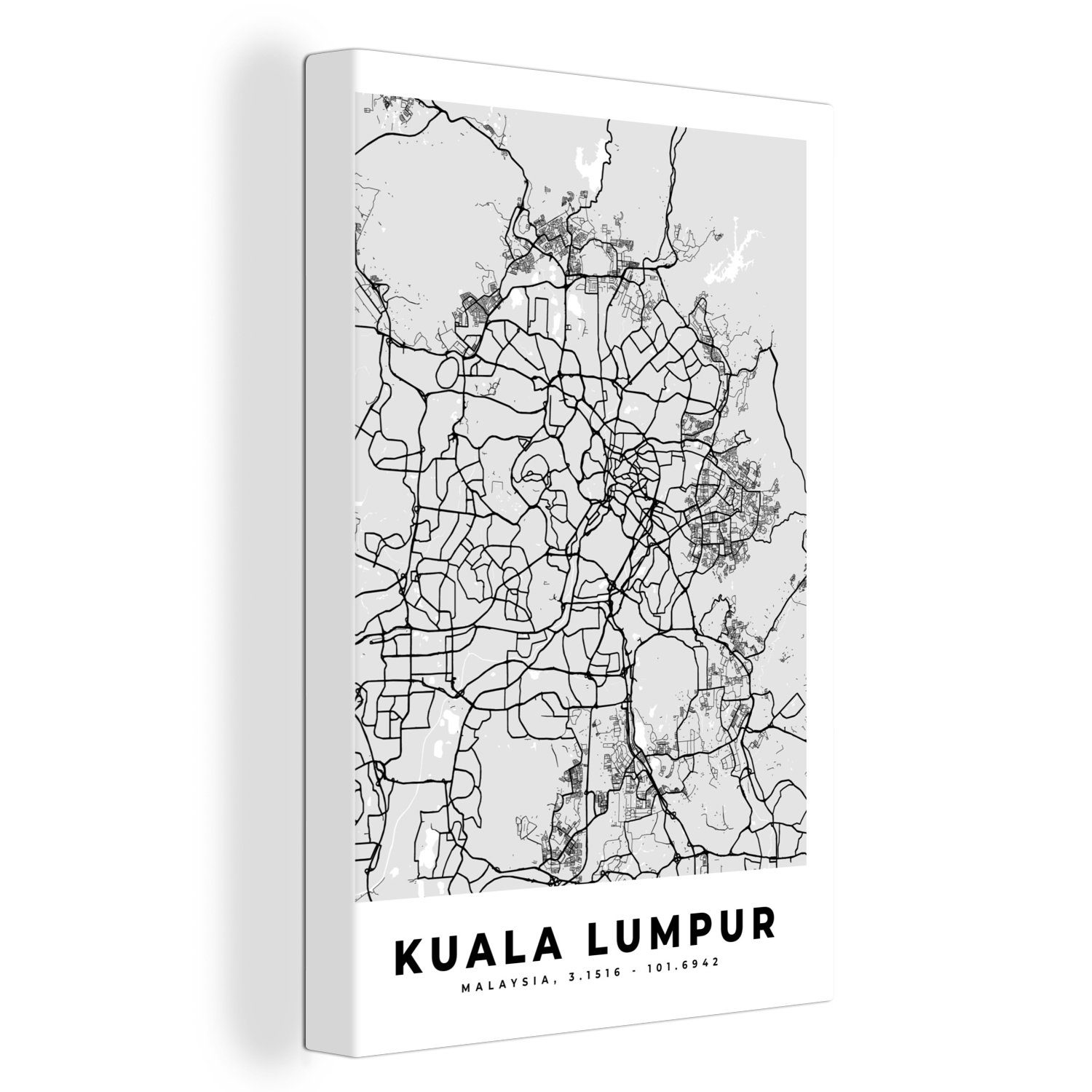 OneMillionCanvasses® Leinwandbild Kuala Lumpur - Stadtplan - Schwarz und weiß - Karte, (1 St), Leinwandbild fertig bespannt inkl. Zackenaufhänger, Gemälde, 20x30 cm