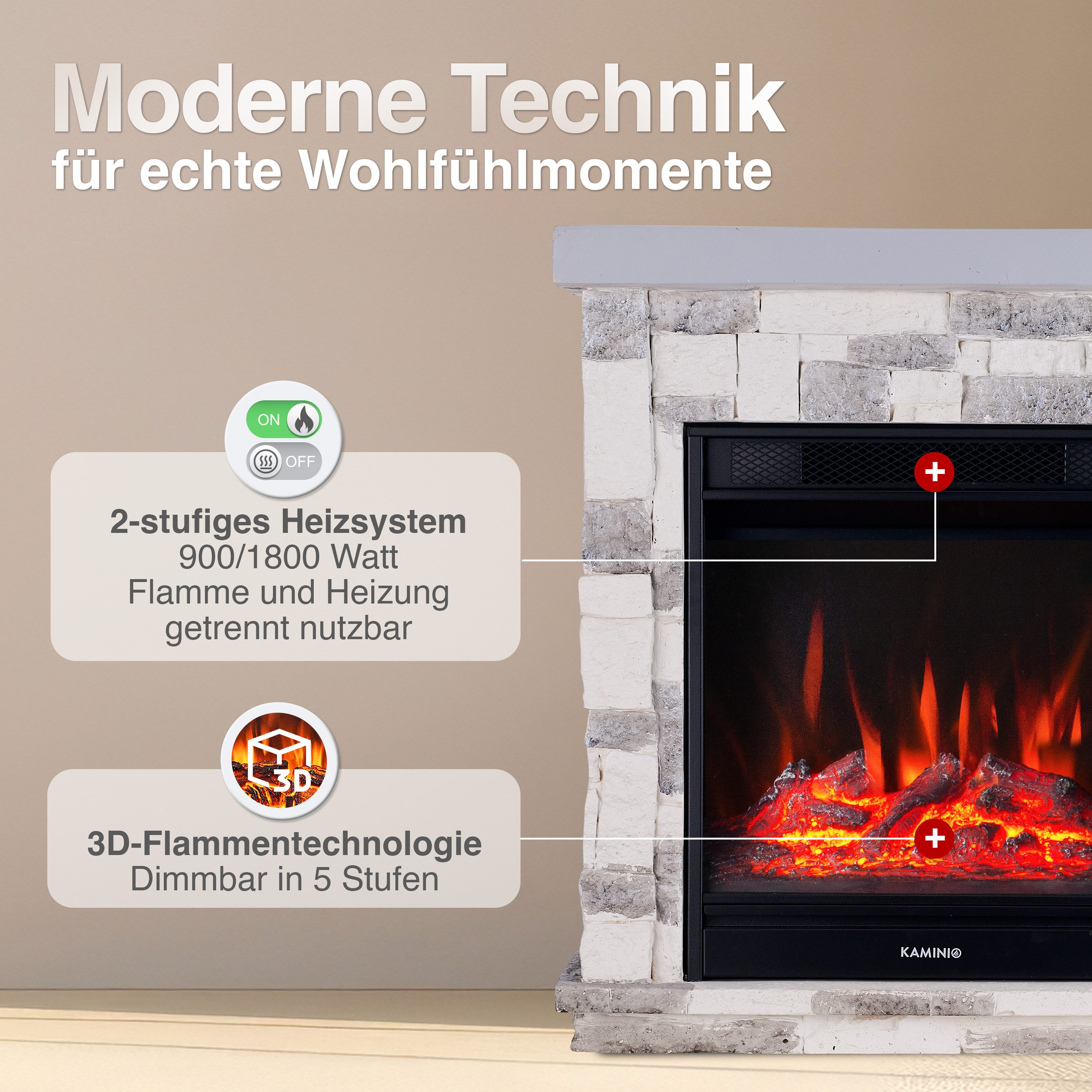 KAMINIO Elektrokamin JUAN, Elektrischer Kamin mit 3D-Flammeneffekt, Heizung 1800W