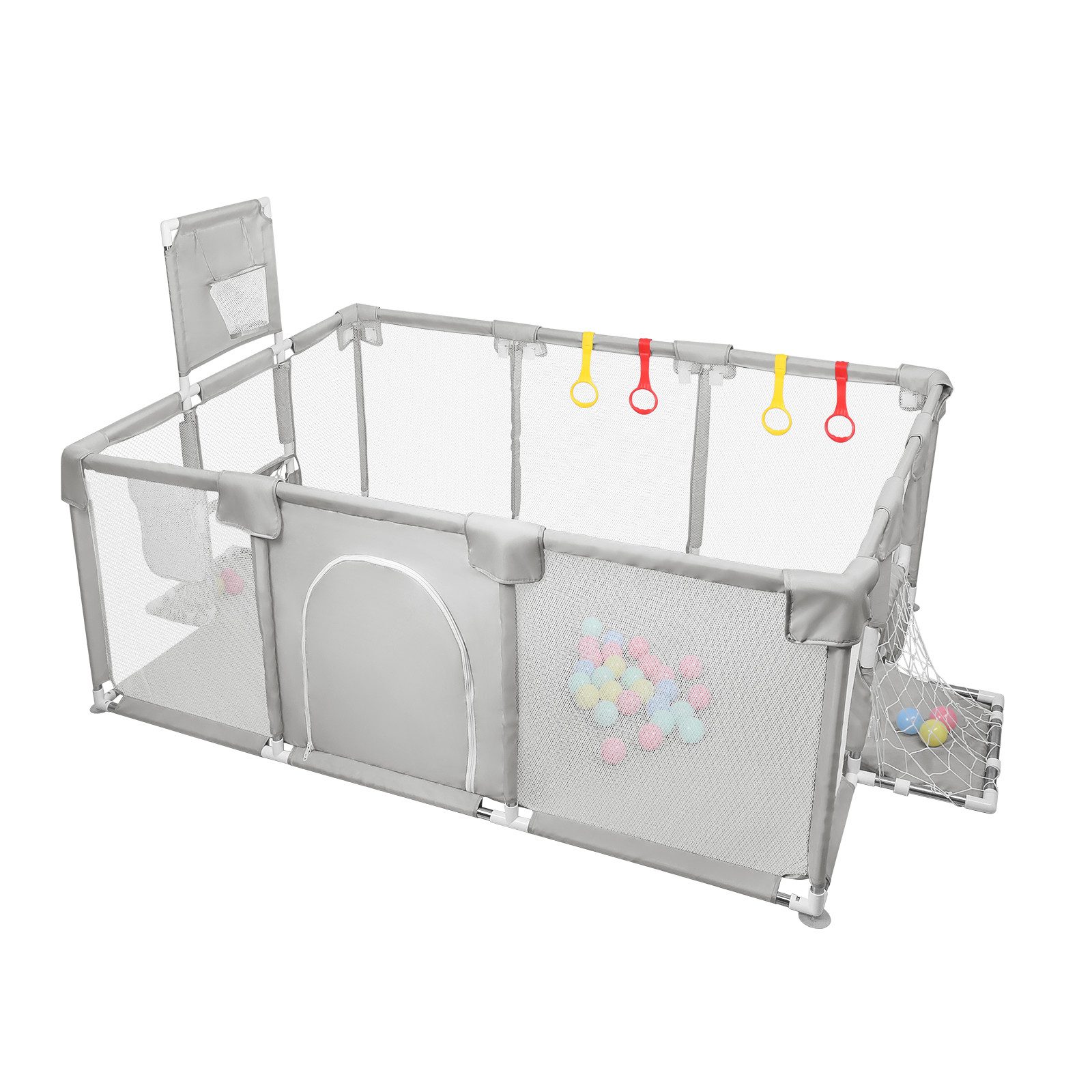 JEOBEST Laufstall Baby Laufgitter - Große Sicherheitsspielplatz, 180x120x66cm - mit Basketball-Netz 50 Ozeanbälle und 4 bunten Ringen