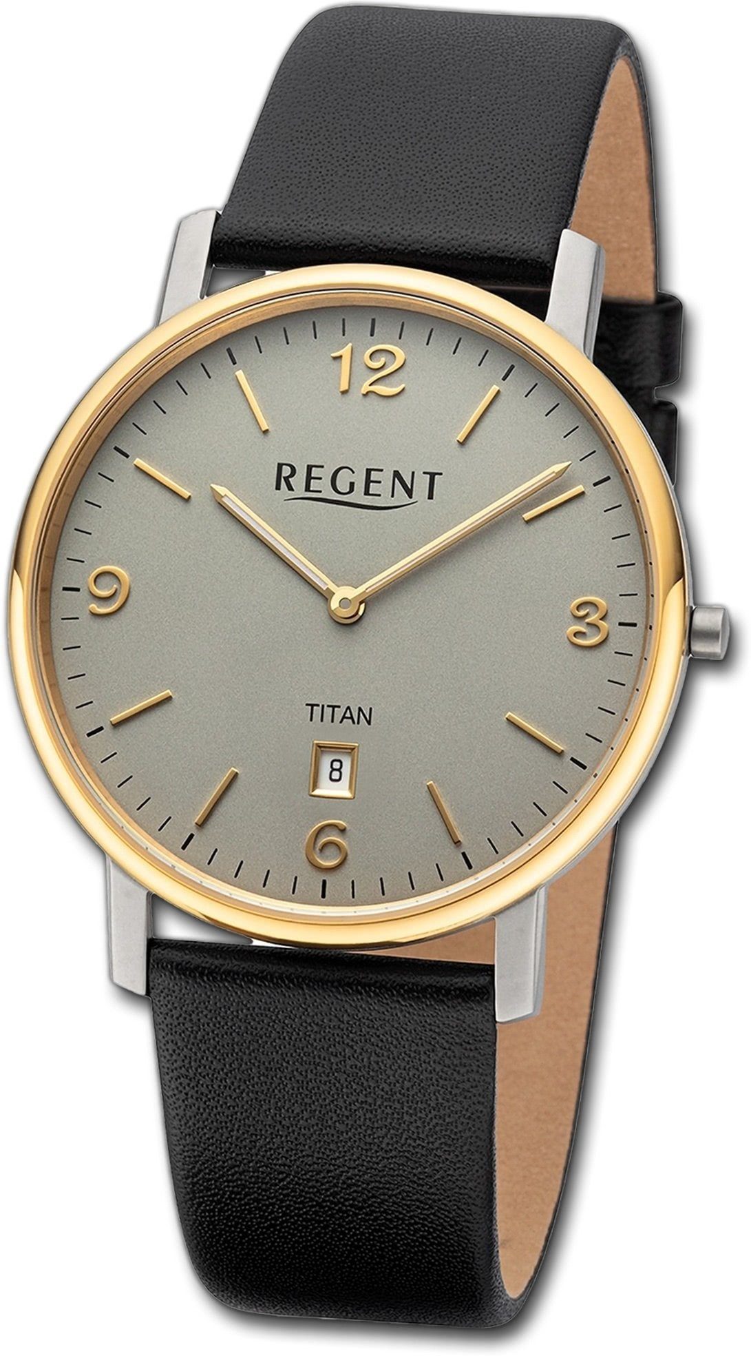 Herren Herrenuhr groß Regent rundes 39mm) Analog, extra Gehäuse, Armbanduhr (ca. Regent Lederarmband Quarzuhr schwarz,