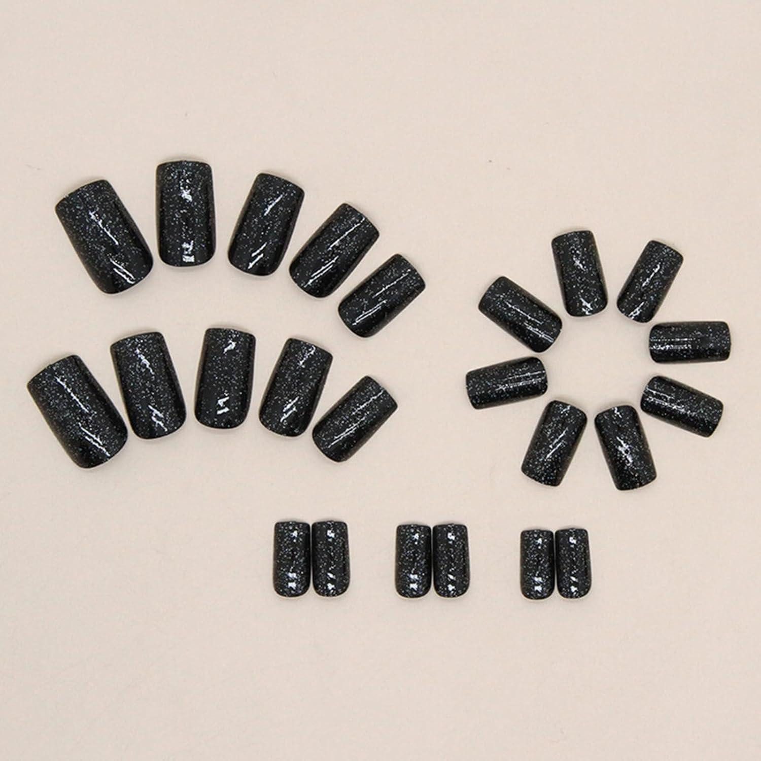 LuxusKollektion Kunstfingernägel 24er Set Acryl Falsche Nägel Schwarz Glitzer Eckig Kurz mit Kleber