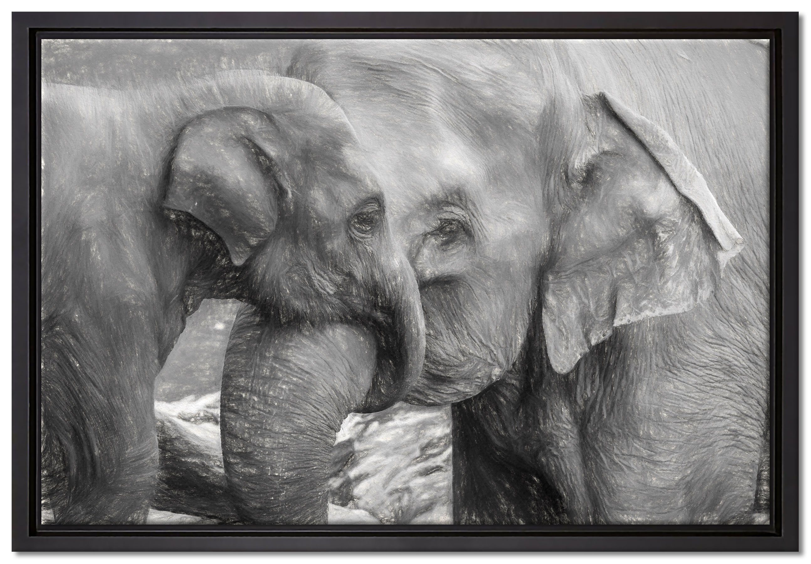 Pixxprint Leinwandbild Elefantenmutter mit Kalb, Wanddekoration (1 St), Leinwandbild fertig bespannt, in einem Schattenfugen-Bilderrahmen gefasst, inkl. Zackenaufhänger
