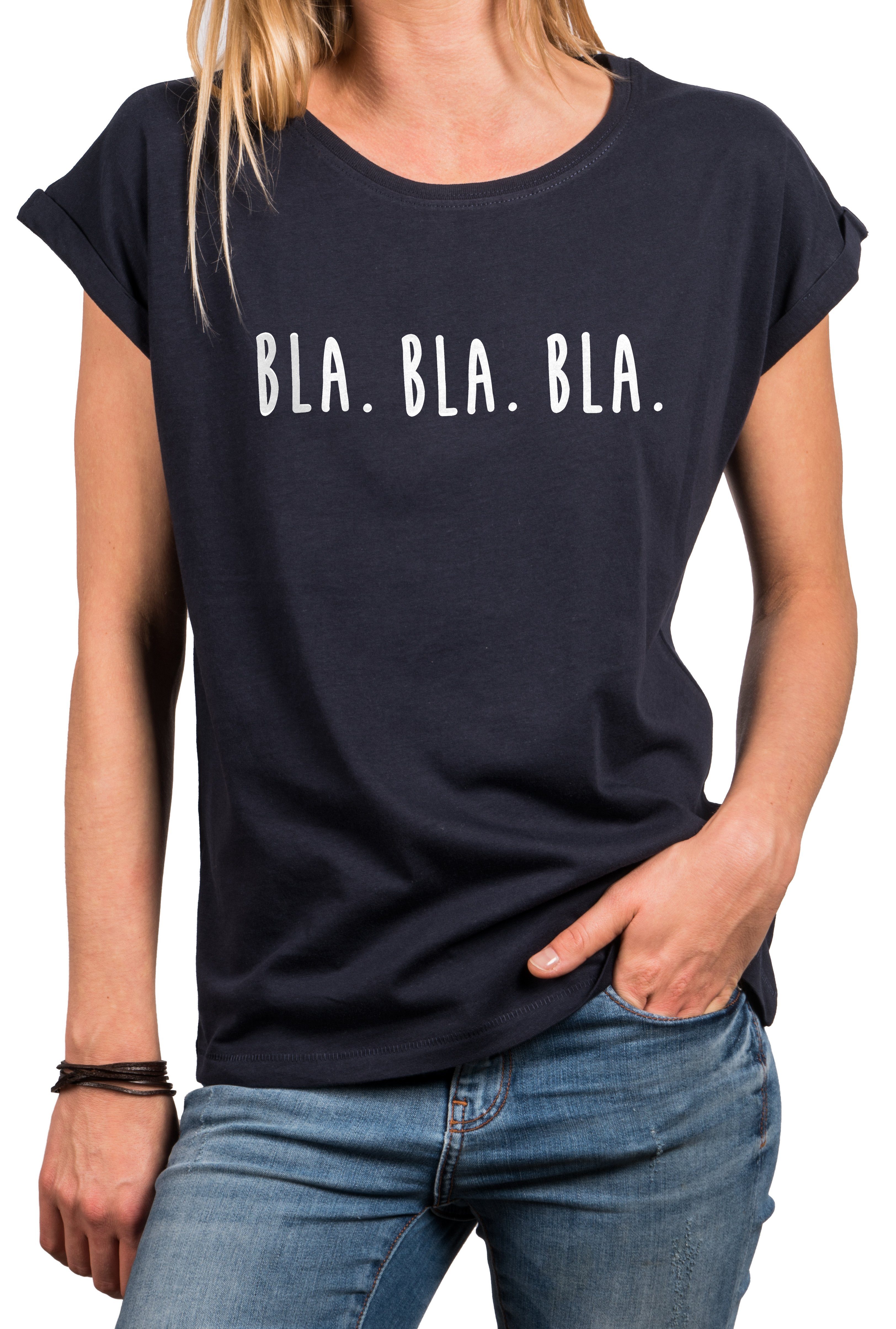 Damen MAKAYA Bla Sommer Basic Spruch Lustig Baumwolle, Oberteile (Schriftzug, große Blau, Grau) Print-Shirt Elegant Größen Kurzarm Schwarz, Sexy